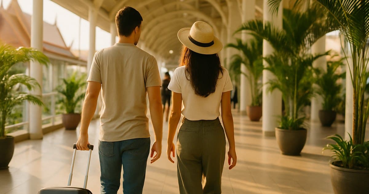 Pareja con maletas llegando a una terminal con plantas tropicales en Tailandia