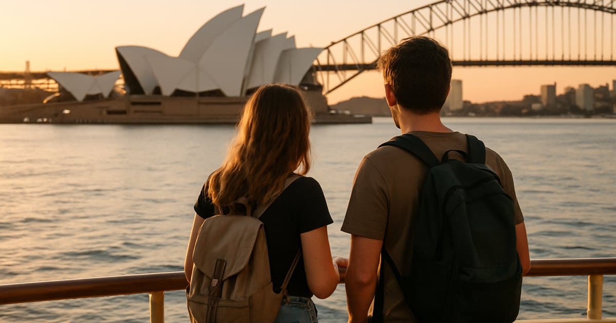 Pareja mirando la Ópera y el puente de Sídney desde un barco