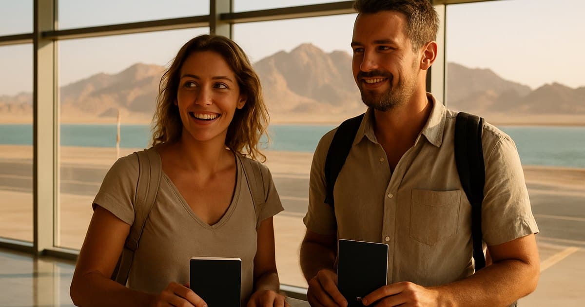 Pareja con sus pasaportes en un aeropuerto junto al mar Rojo en Egipto