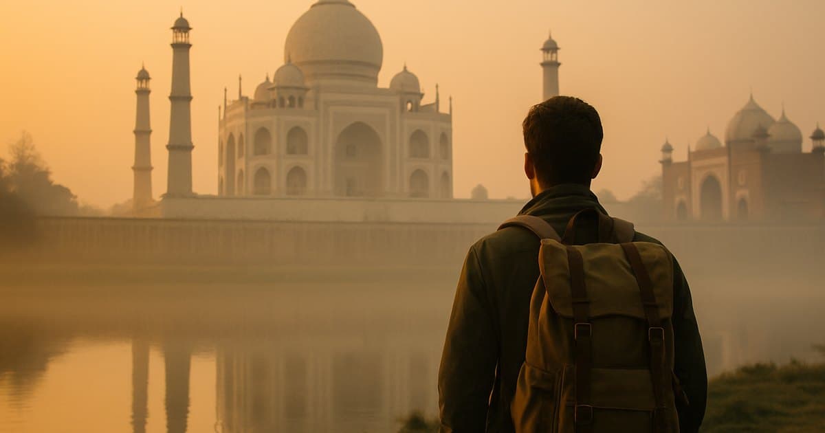Viajero contemplando el Taj Mahal al amanecer
