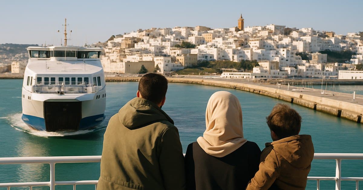 Familia en la cubierta de un ferry llegando a la costa de Marruecos