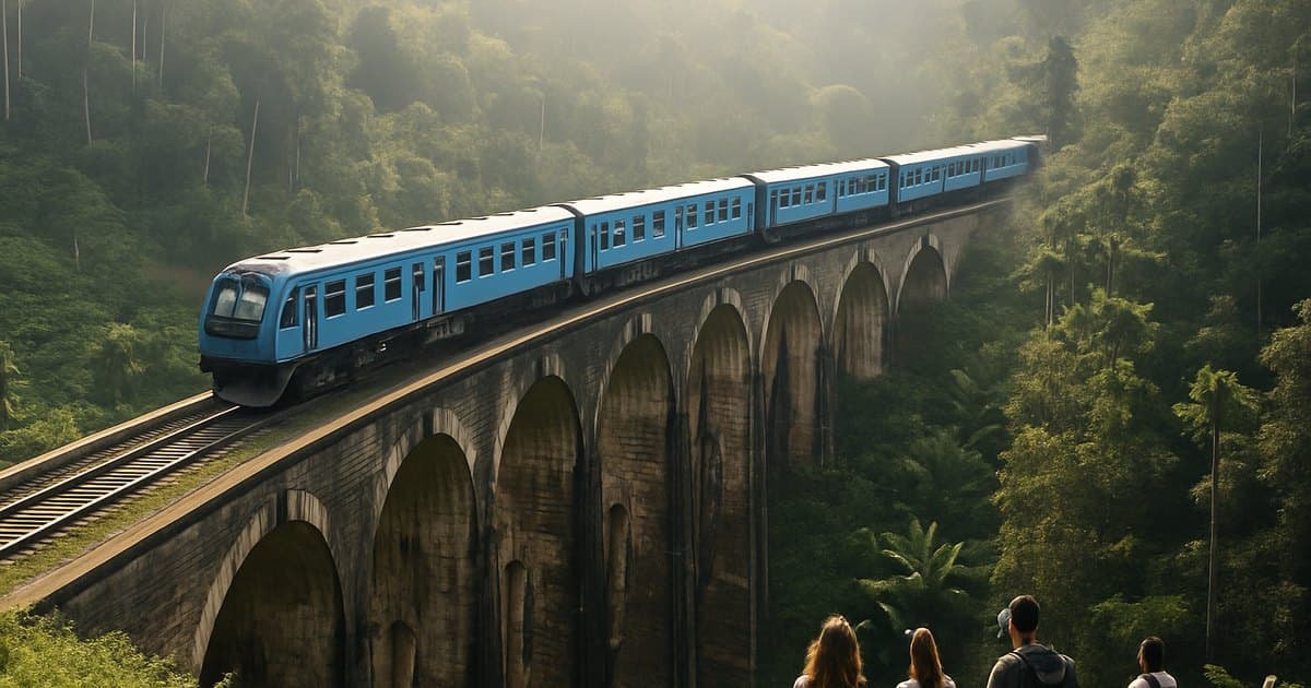 Tren azul cruzando el puente de los Nueve Arcos entre la selva de Sri Lanka