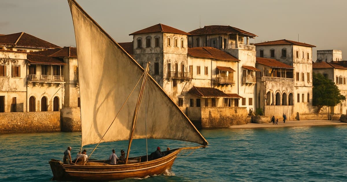 Dhow de vela frente a Stone Town, en Zanzíbar