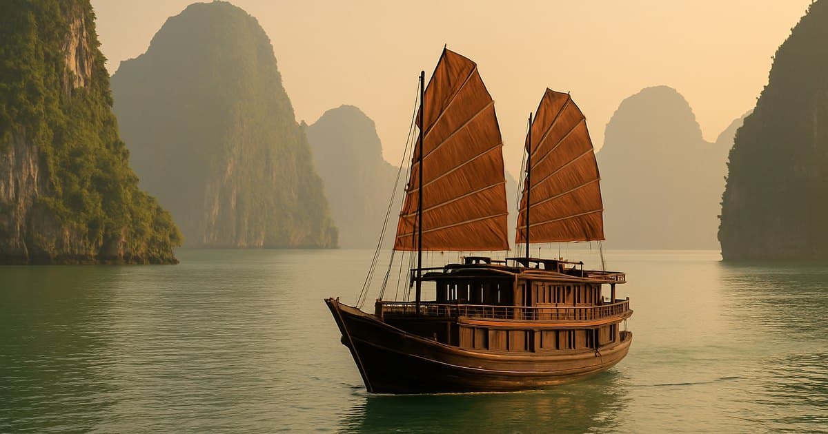 Junco de velas rojas navegando entre las montañas de la bahía de Halong