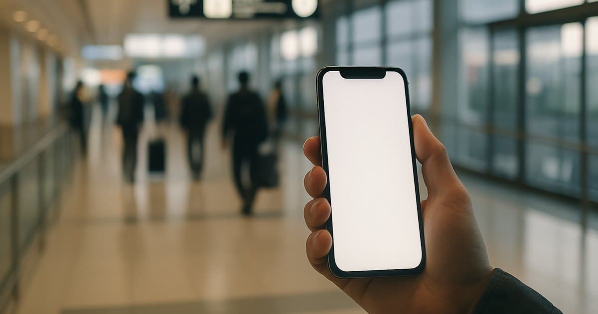 Mano con un móvil en el pasillo de llegadas de un aeropuerto japonés