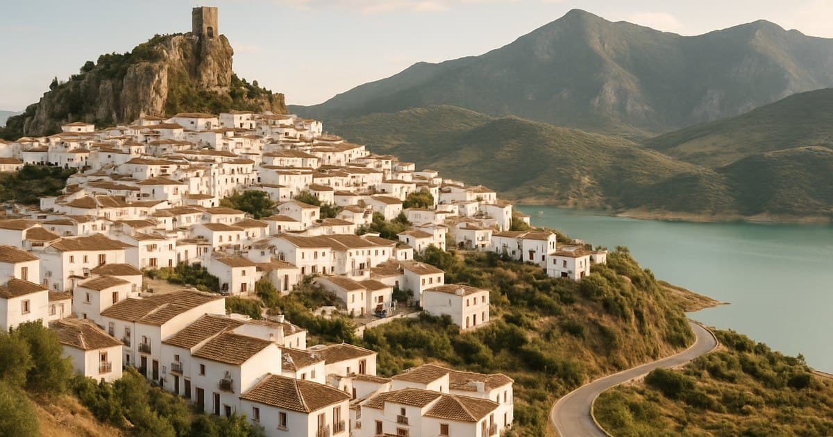 Pueblo blanco de la sierra de Cádiz con su castillo sobre la roca y el embalse al fondo