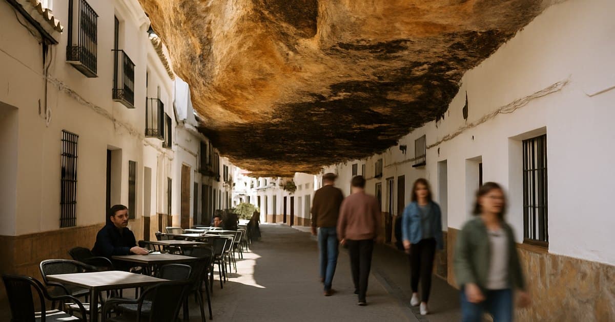 Calle de Setenil de las Bodegas con las casas encajadas bajo la roca
