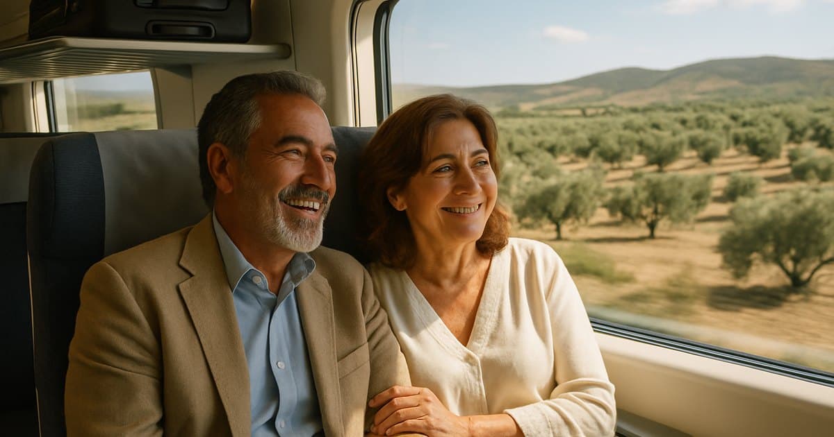 Pareja de mayores sonriendo junto a la ventanilla de un tren entre olivares
