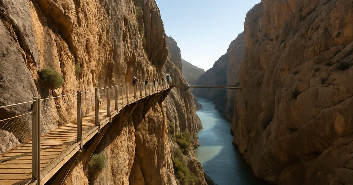 Pasarela del Caminito del Rey colgada sobre el desfiladero de los Gaitanes