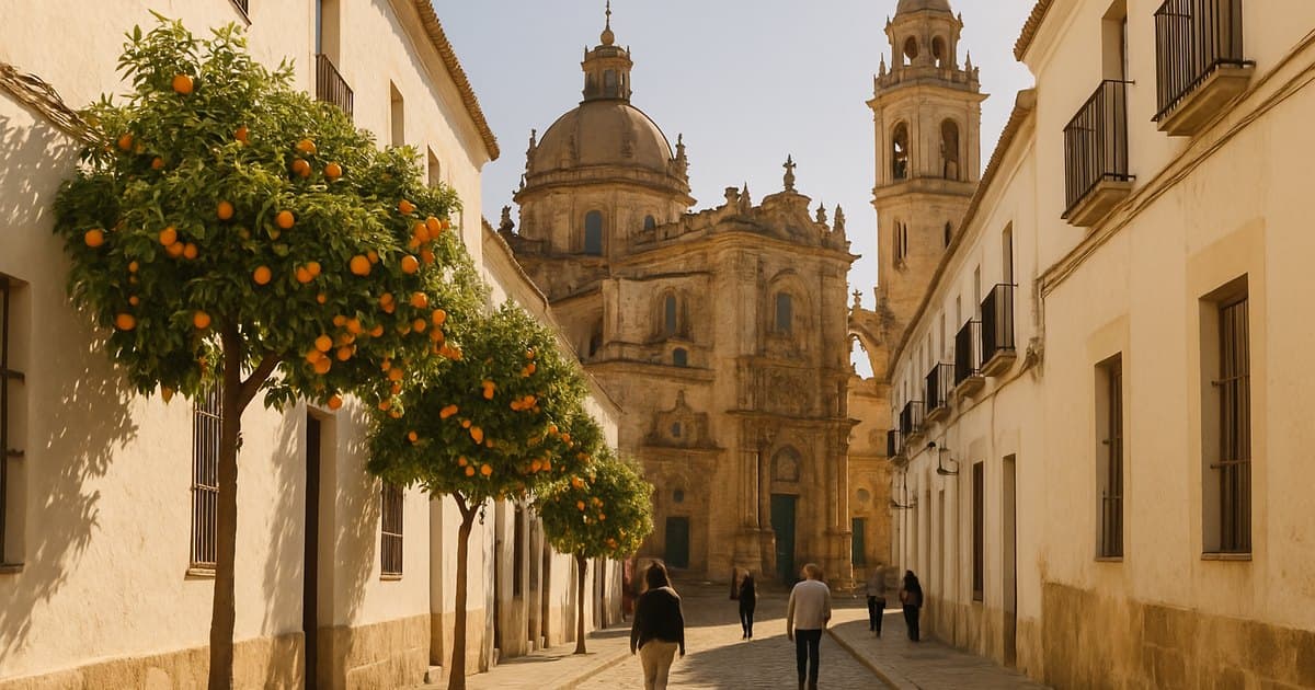 Calle con naranjos que lleva a la catedral de Jerez de la Frontera