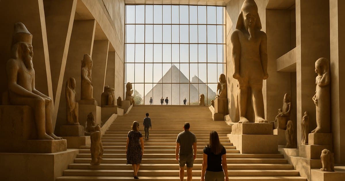 Gran escalera del Gran Museo Egipcio con estatuas de faraones y las pirámides al fondo