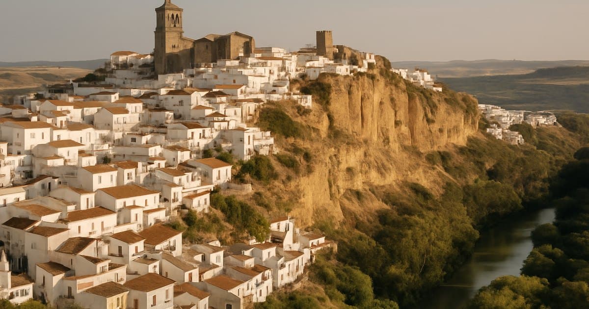 Arcos de la Frontera sobre la peña con la basílica en lo alto