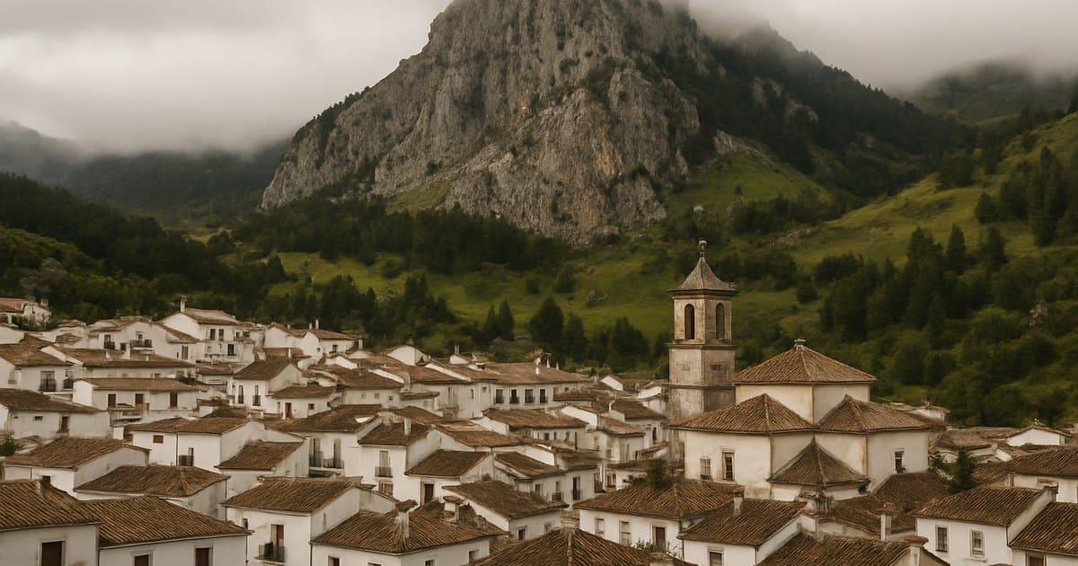 Grazalema con sus casas blancas bajo la sierra entre nubes