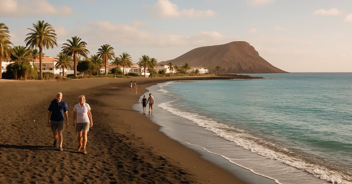 Pareja paseando por una playa de arena volcánica del sur de Tenerife en noviembre