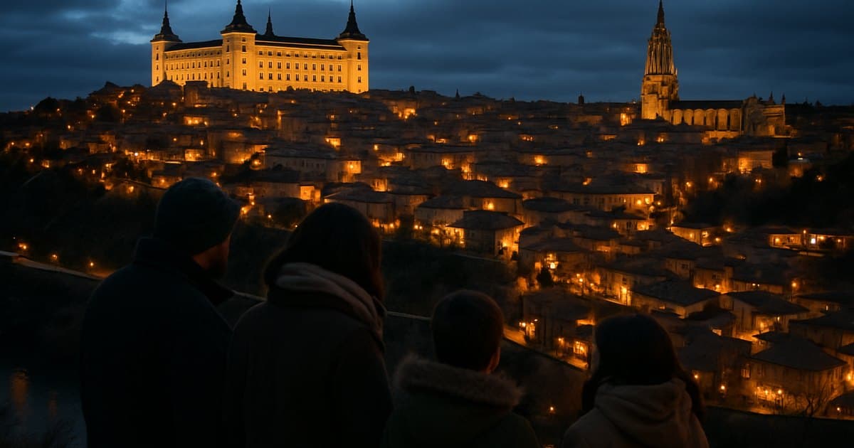 Familia contemplando Toledo iluminado al anochecer en invierno