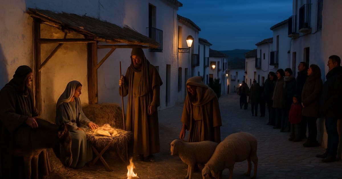 Belén viviente al anochecer en una calle de un pueblo blanco andaluz