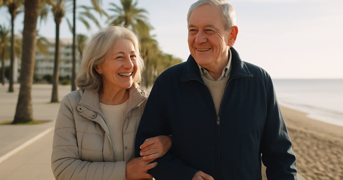 Pareja de jubilados paseando junto al mar en la costa