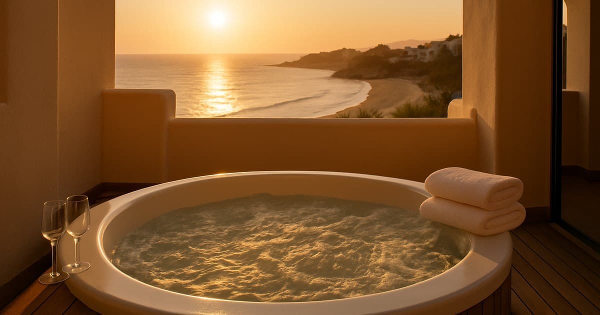 Jacuzzi privado en la terraza de una habitación de hotel frente al mar al atardecer