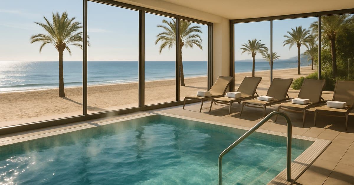 Piscina climatizada interior de un hotel de costa con vistas a la playa