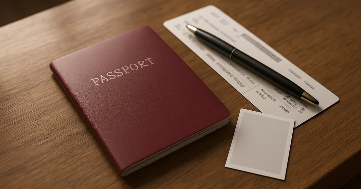 Pasaporte sobre una mesa con un bolígrafo y una foto de carné