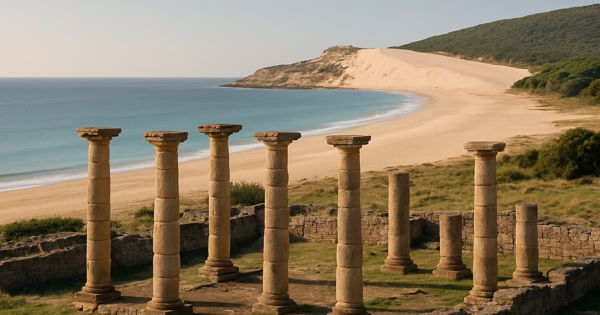 Columnas de Baelo Claudia frente a la playa y la duna de Bolonia