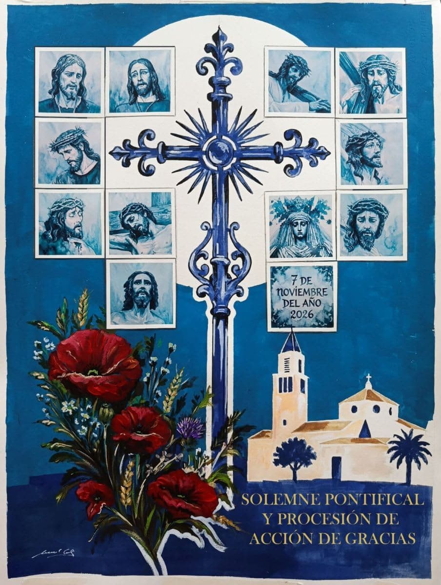 Cartel de la Magna Rural de Jerez 2026: acuarela con azulejos de los Cristos y la Virgen de las hermandades rurales sobre azul, una cruz de forja, amapolas y la parroquia de La Barca de la Florida, con la fecha 7 de noviembre del año 2026