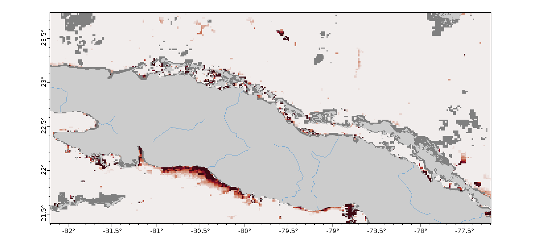 Mapa de satélite del índice de algas flotantes en la costa norte de Cuba, de Varadero a Cayo Coco