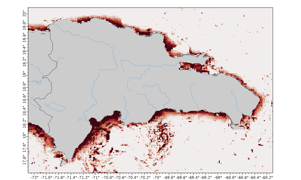 Mapa de satélite del índice de algas flotantes alrededor de República Dominicana, de Punta Cana a Bayahibe
