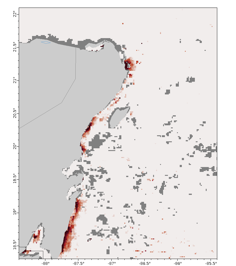 Mapa de satélite del índice de algas flotantes frente a Cancún, Isla Mujeres, Playa del Carmen, Cozumel y Tulum